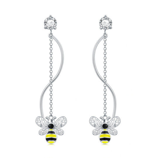 Sterling Silver Circular Shaped Cubic Zirconia Bees Drop Earrings