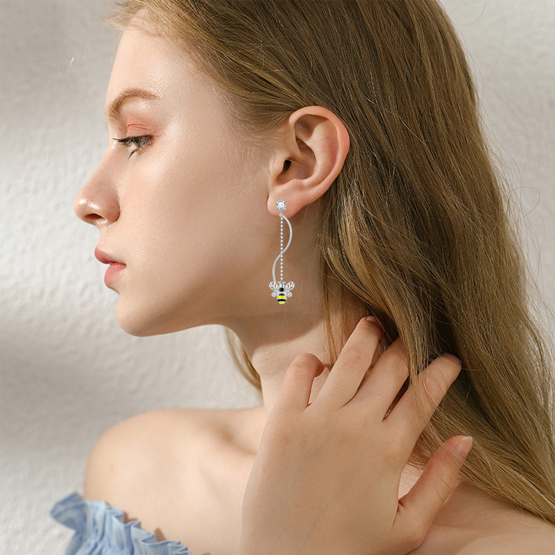 Sterling Silver Circular Shaped Cubic Zirconia Bees Drop Earrings-2