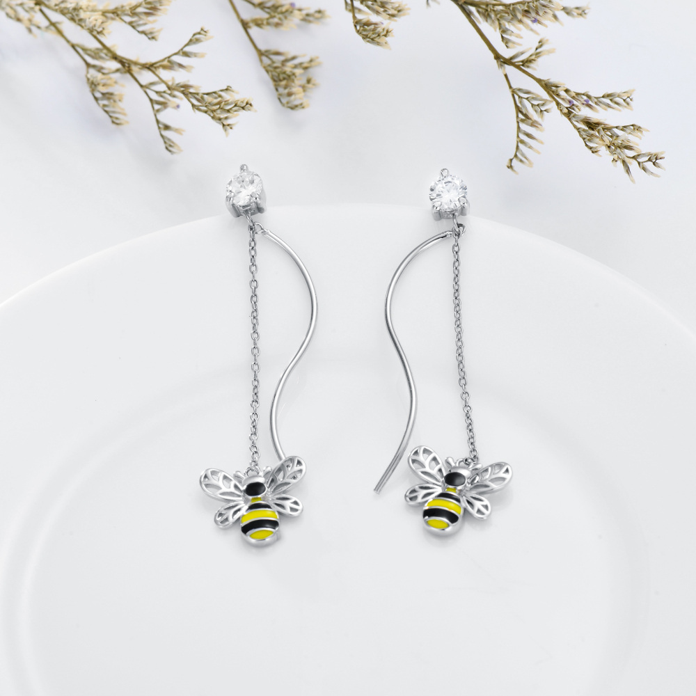 Sterling zilveren cirkelvormige cubic zirkonia bijen druppel oorbellen-4