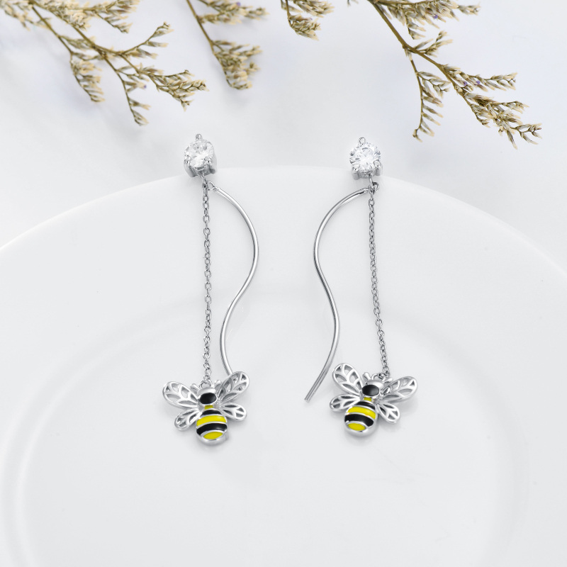 Sterling Silver Circular Shaped Cubic Zirconia Bees Drop Earrings-4