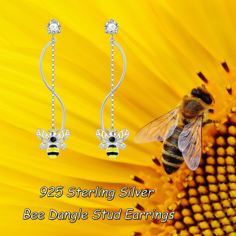 Sterling Silver Circular Shaped Cubic Zirconia Bees Drop Earrings-5