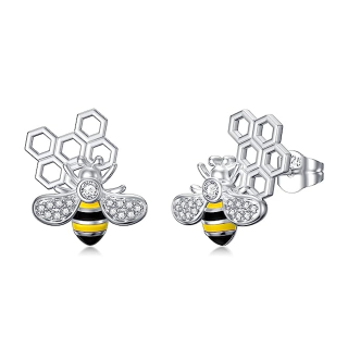 Sterling Silver Circular Shaped Cubic Zirconia Bees Stud Earrings-44