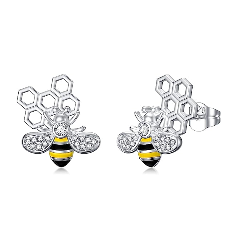 Sterling Silver Circular Shaped Cubic Zirconia Bees Stud Earrings-14