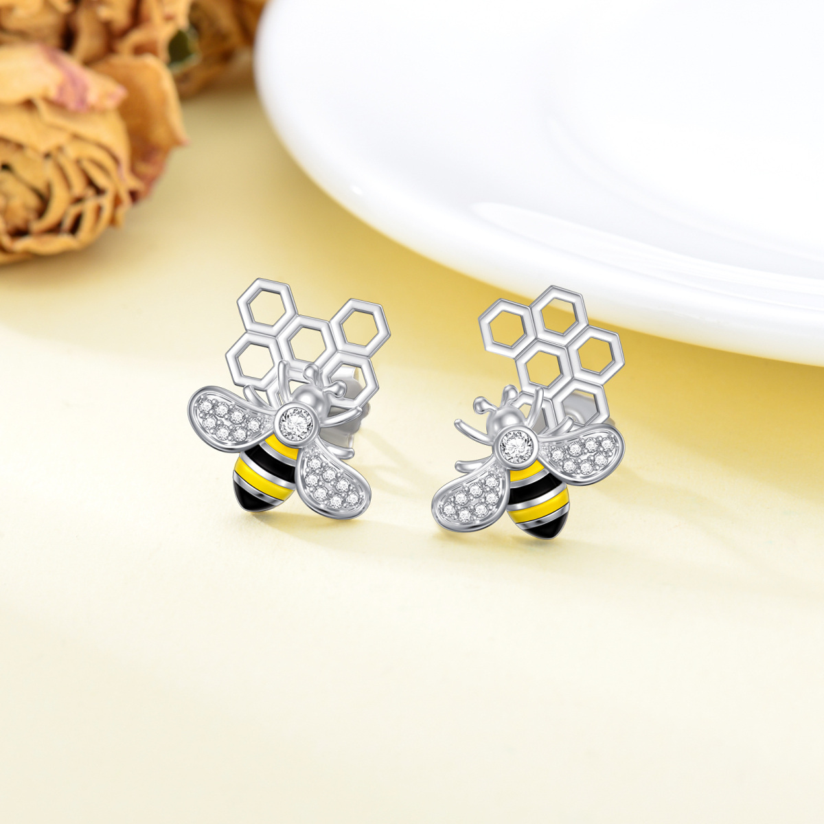 Sterling Silver Circular Shaped Cubic Zirconia Bees Stud Earrings-3