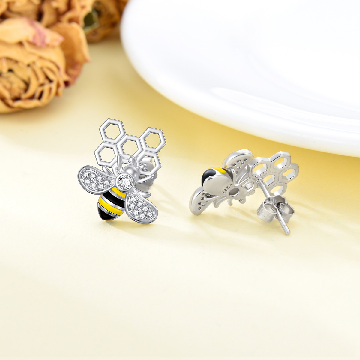 Sterling Silver Circular Shaped Cubic Zirconia Bees Stud Earrings-4