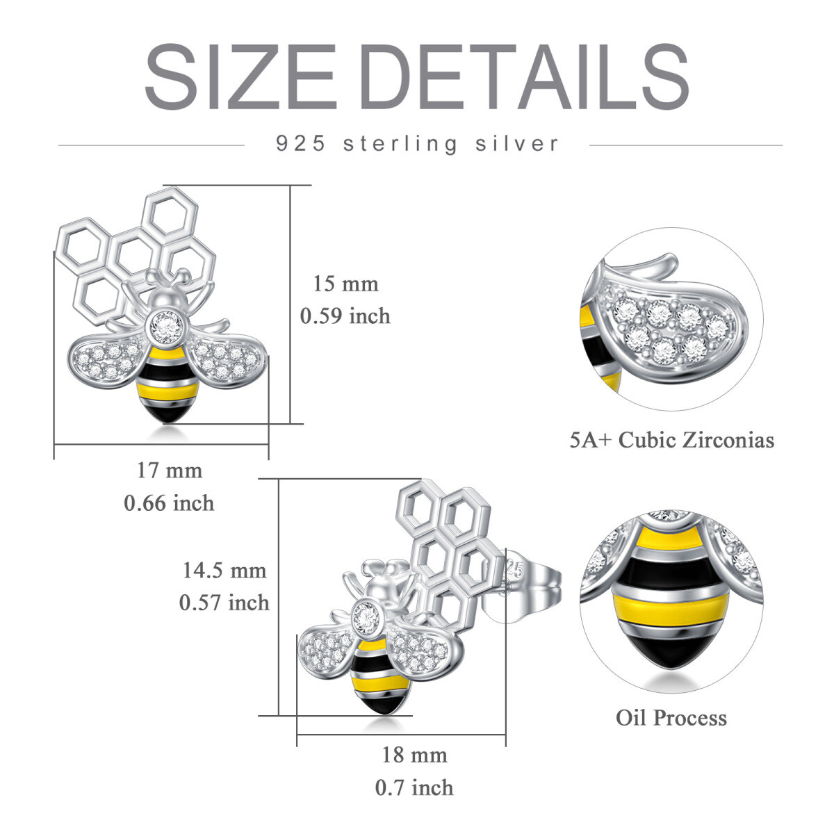 Brincos de prata esterlina com zircónio cúbico em forma circular e abelhas-6