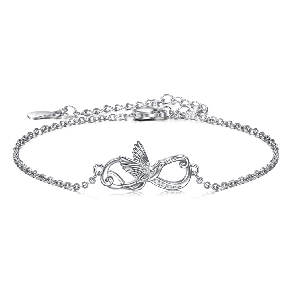 Sterling Silver Circular Shaped Cubic Zirconia Bird Charm Bracelet-1