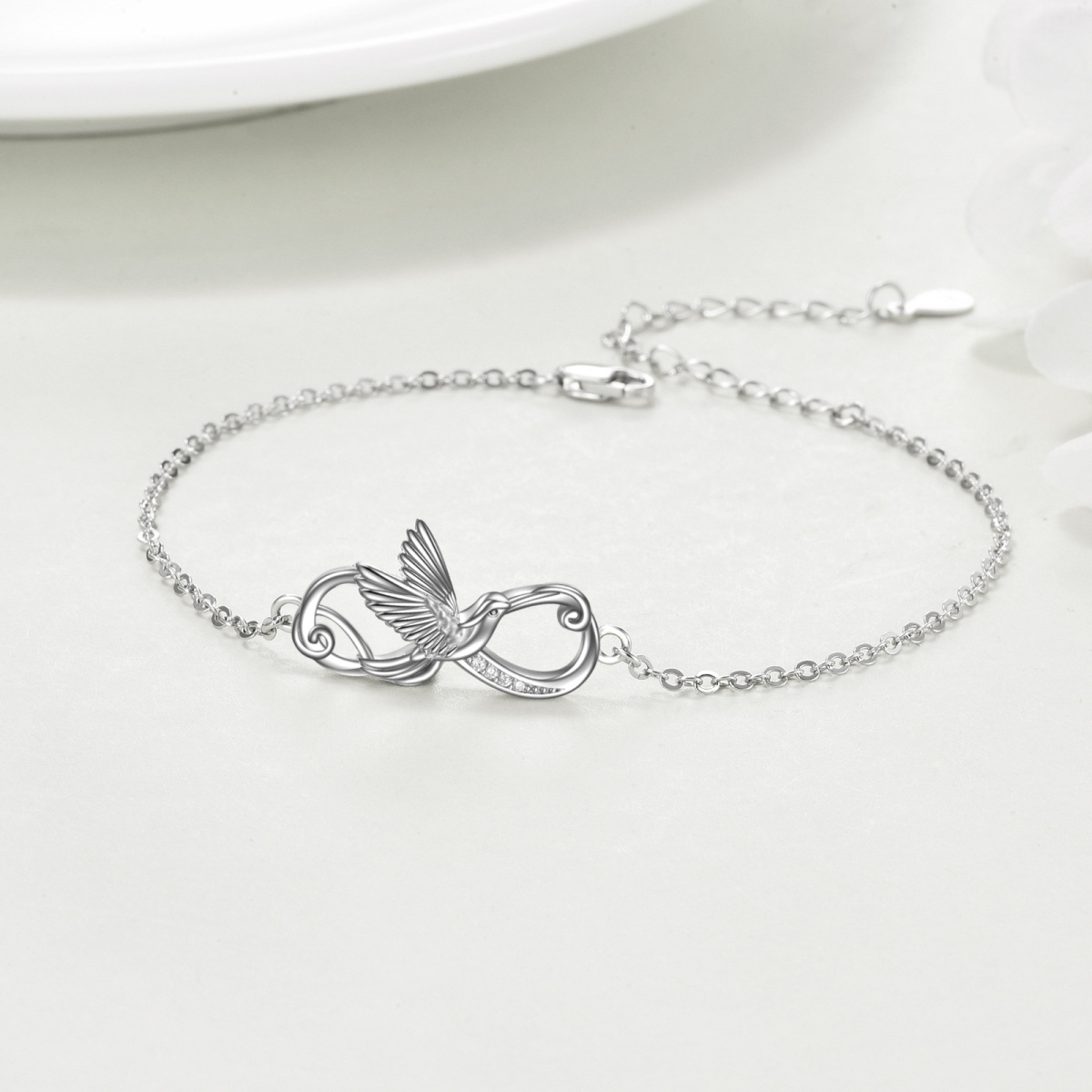 Sterling Silver Circular Shaped Cubic Zirconia Bird Pendant Bracelet-4