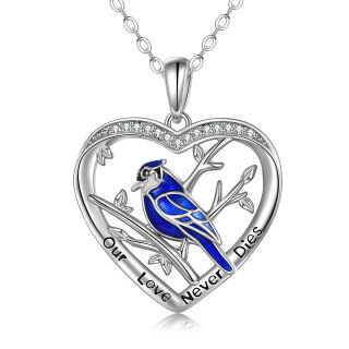 Sterling Silver Circular Shaped Cubic Zirconia Blue Jay & Heart Pendant Necklace with Engraved Word-1