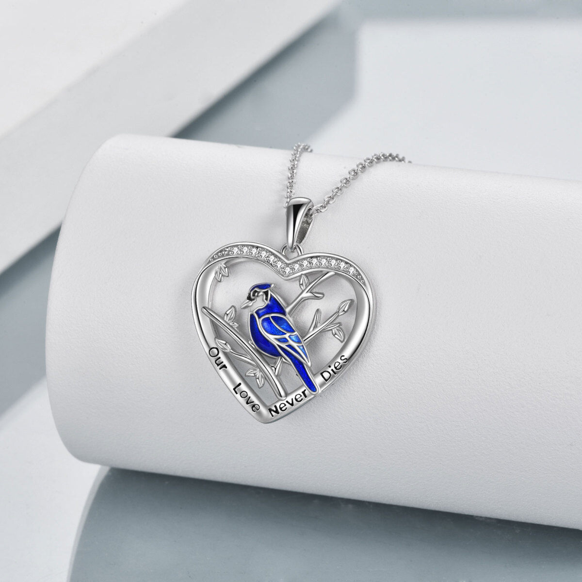 Sterling Silver Circular Shaped Cubic Zirconia Blue Jay & Heart Pendant Necklace with Engraved Word-3