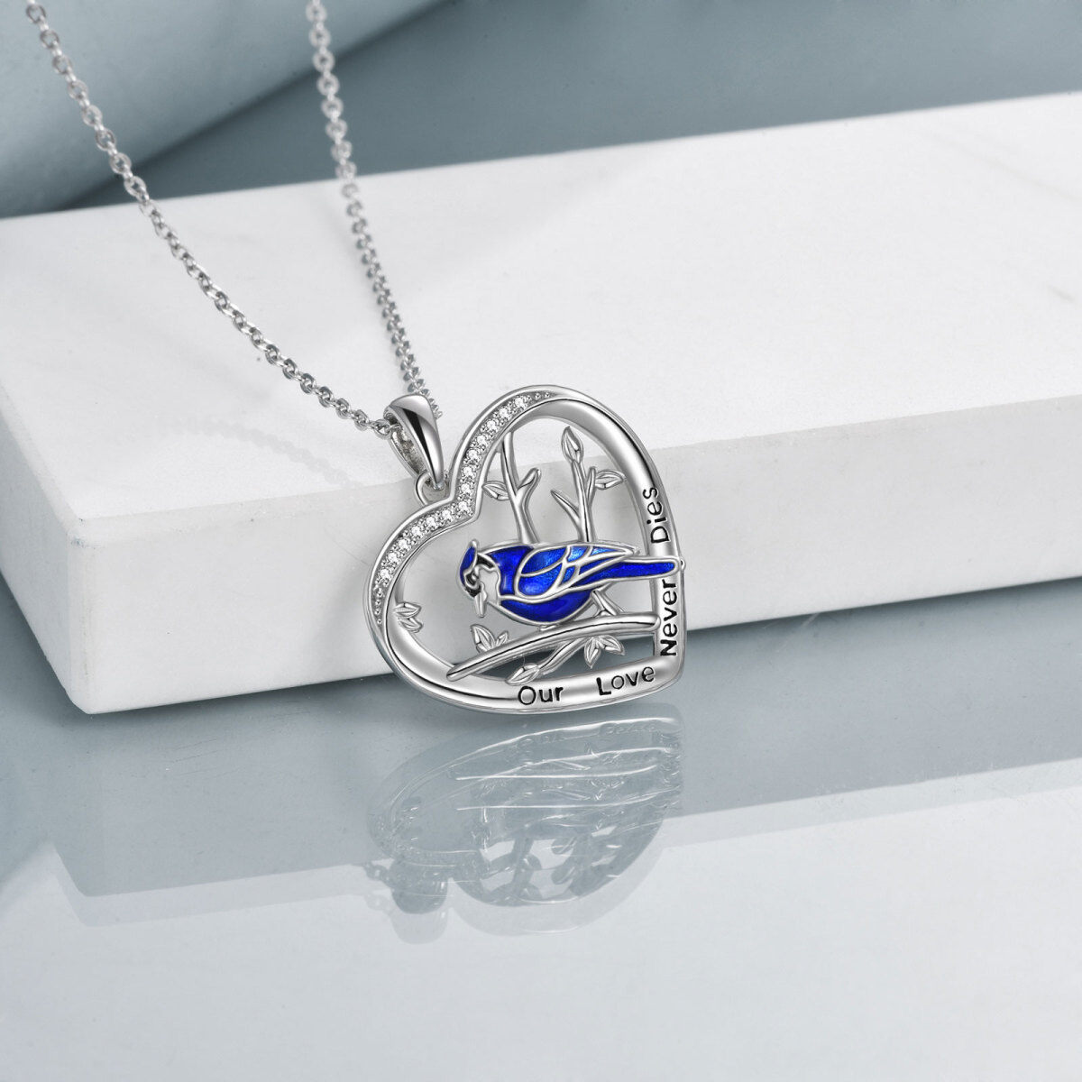 Sterling Silver Circular Shaped Cubic Zirconia Blue Jay & Heart Pendant Necklace with Engraved Word-4