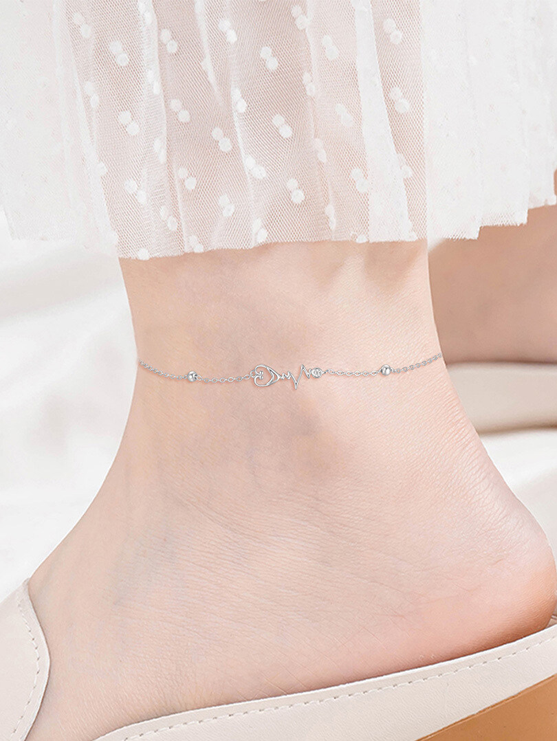 Sterling Silver Circular Shaped Blue Sandstone Electrocardiogram Single Layer Anklet-2