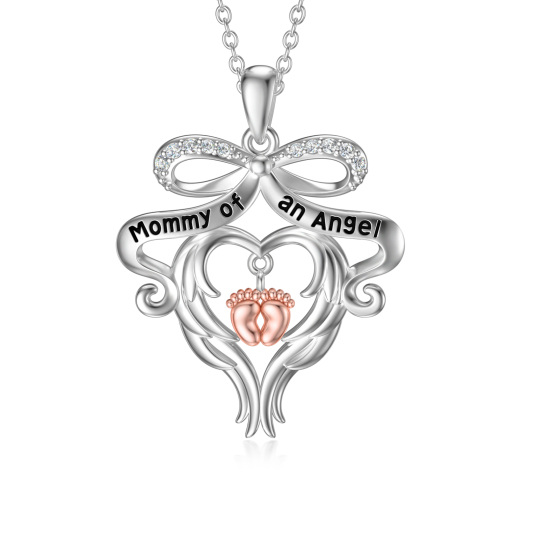 Sterling Silver Circular Shaped Cubic Zirconia Bow & Footprints & Heart Pendant Necklace with Engraved Word