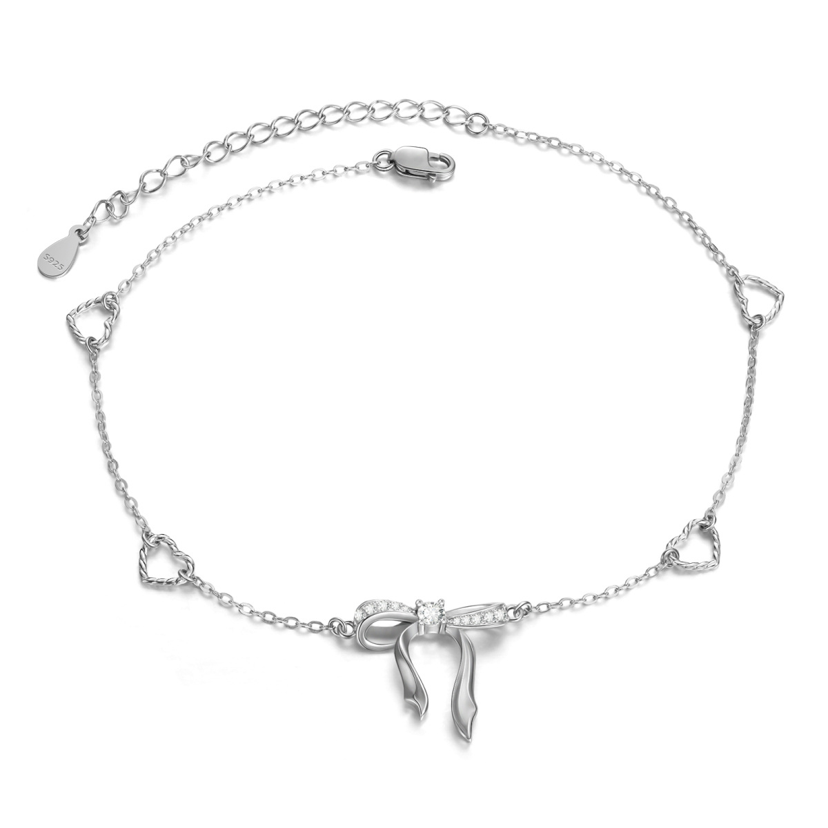 Bracelet de cheville en argent sterling avec nœud et cœur en zircon cubique de forme circu-1