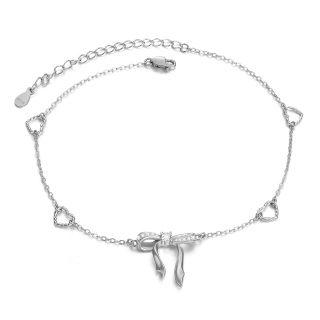 Sterling Silver Circular Shaped Cubic Zirconia Bow & Heart Single Layer Anklet-16