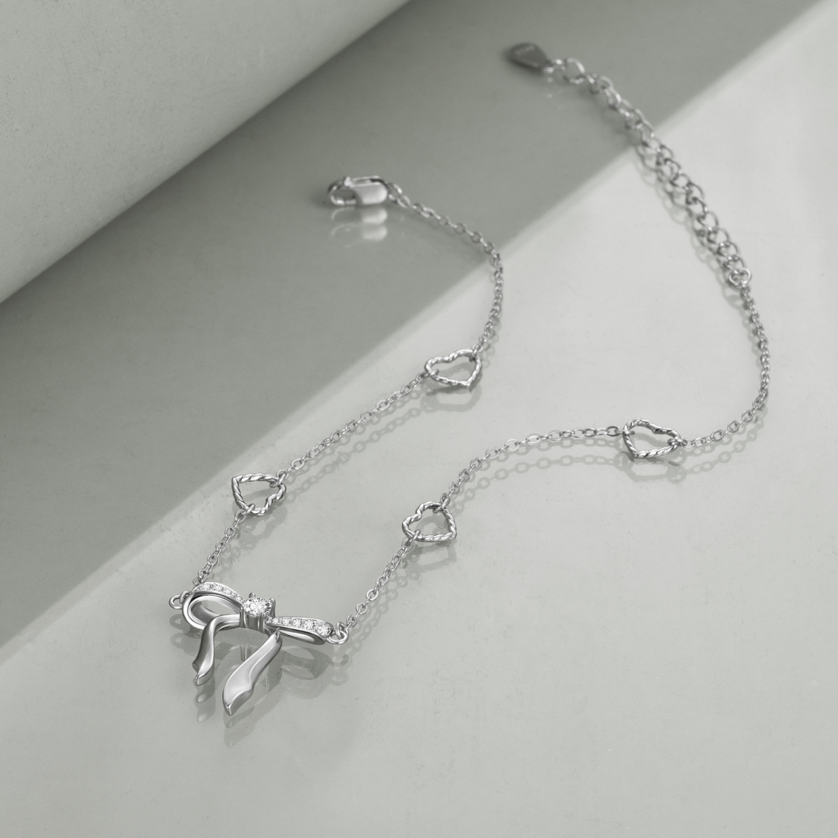 Bracelet de cheville en argent sterling avec nœud et cœur en zircon cubique de forme circu-3