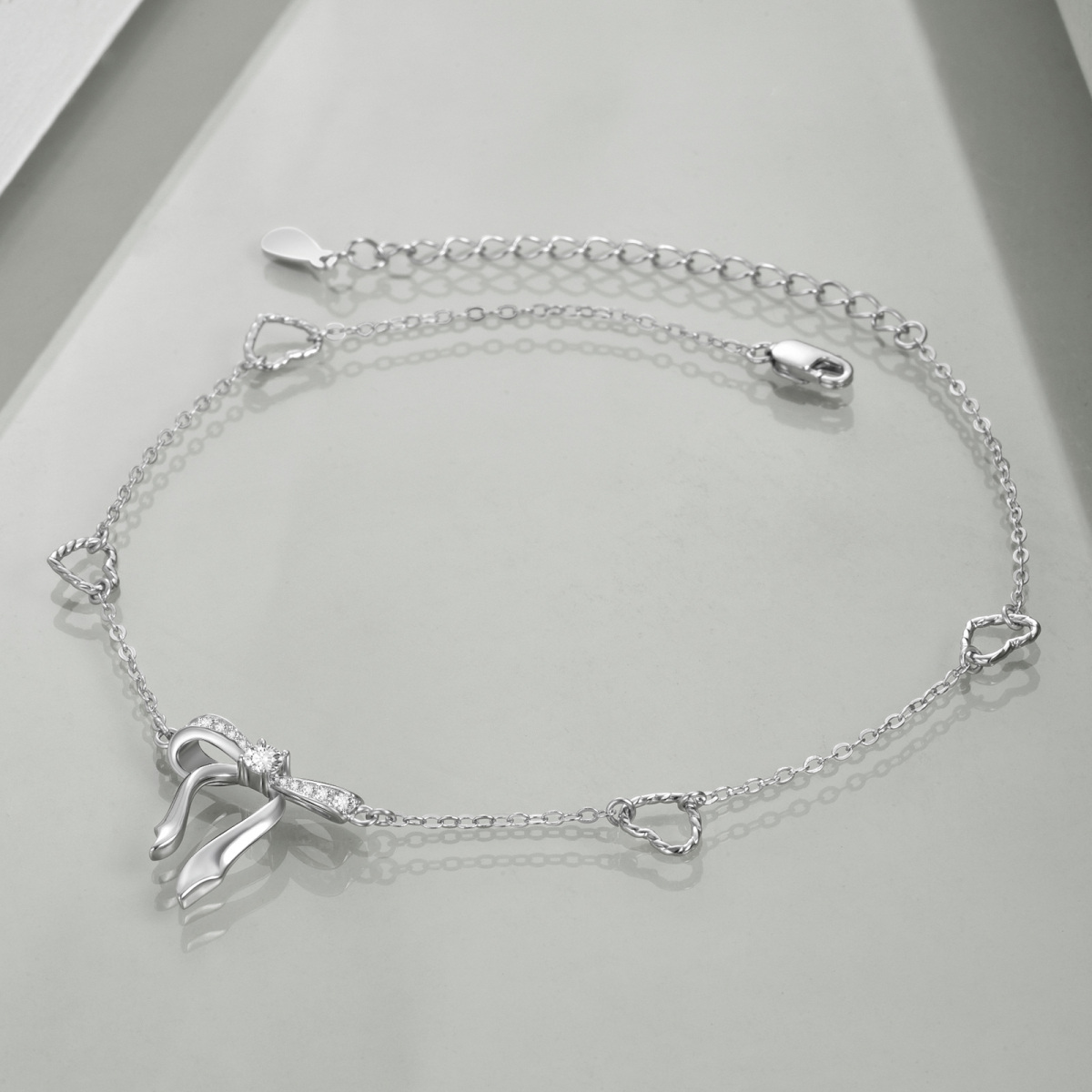 Bracelet de cheville en argent sterling avec nœud et cœur en zircon cubique de forme circu-4