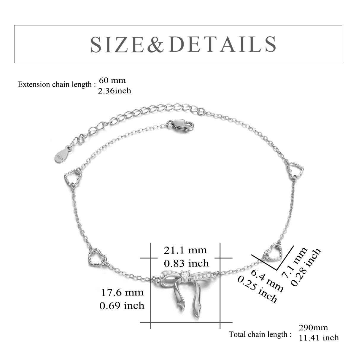 Bracelet de cheville en argent sterling avec nœud et cœur en zircon cubique de forme circu-5