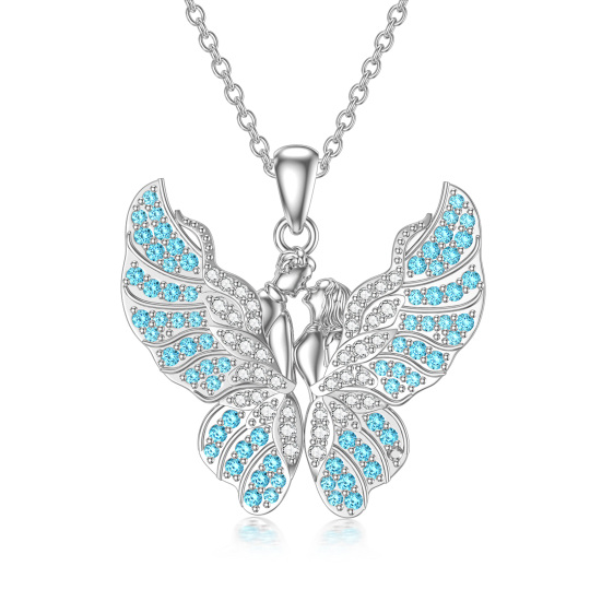 Sterling Silver Circular Shaped Cubic Zirconia Butterfly & Couple Pendant Necklace