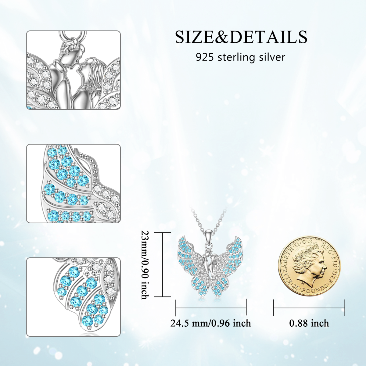 Sterling Silber kreisförmig Cubic Zirkonia Schmetterling & Paar Anhänger Halskette-5