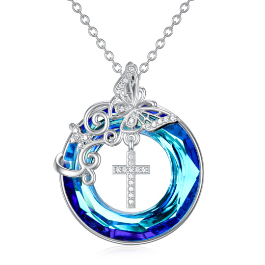 Collana con ciondolo di cristallo a forma di farfalla e croce in argento sterling, di forma circolare