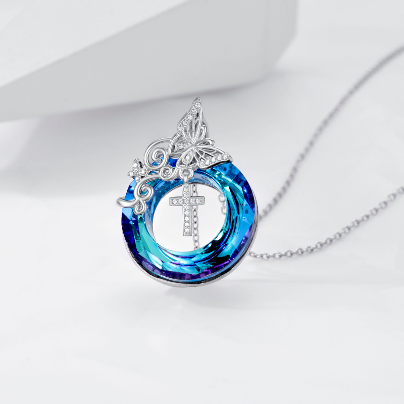 Sterling zilveren cirkelvormige vlinder & kruis kristal hanger ketting-3