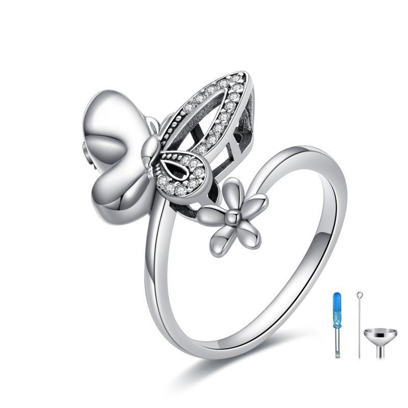 Sterling Silver Round Shaped Cubic Zirconia Butterfly & Daisy Urn Ring-1