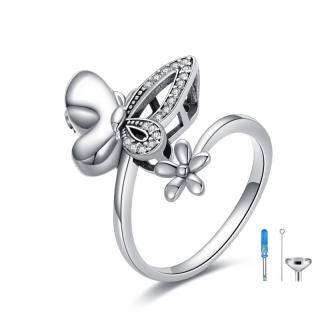 Sterling Silver Circular Shaped Cubic Zirconia Butterfly & Daisy Urn Ring-32