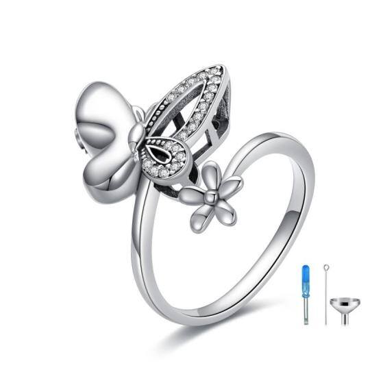 Sterling Silber kreisförmig Cubic Zirkonia Schmetterling & Gänseblümchen Urne Ring