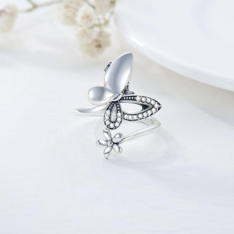 Sterling Silver Round Shaped Cubic Zirconia Butterfly & Daisy Urn Ring-3
