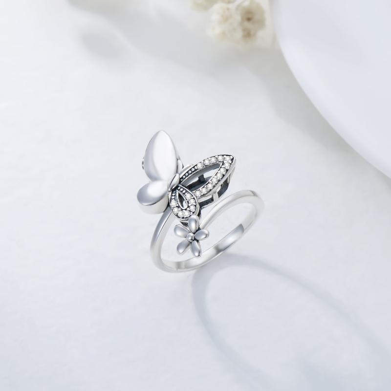 Sterling Silver Round Shaped Cubic Zirconia Butterfly & Daisy Urn Ring-4