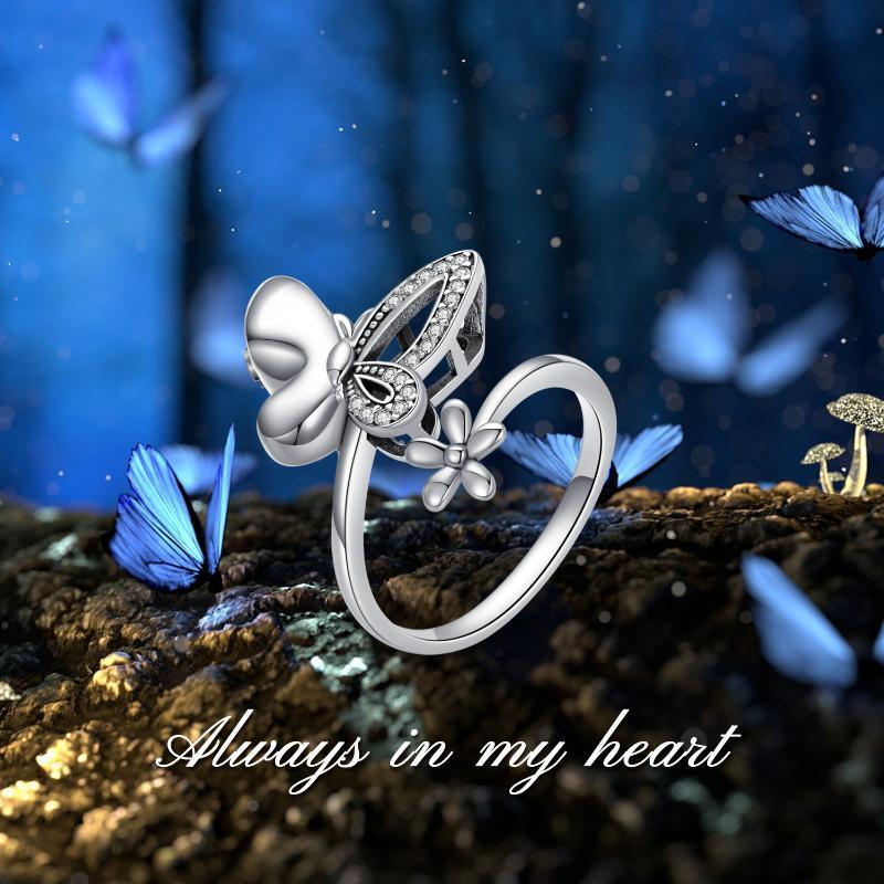 Sterling Silver Round Shaped Cubic Zirconia Butterfly & Daisy Urn Ring-5