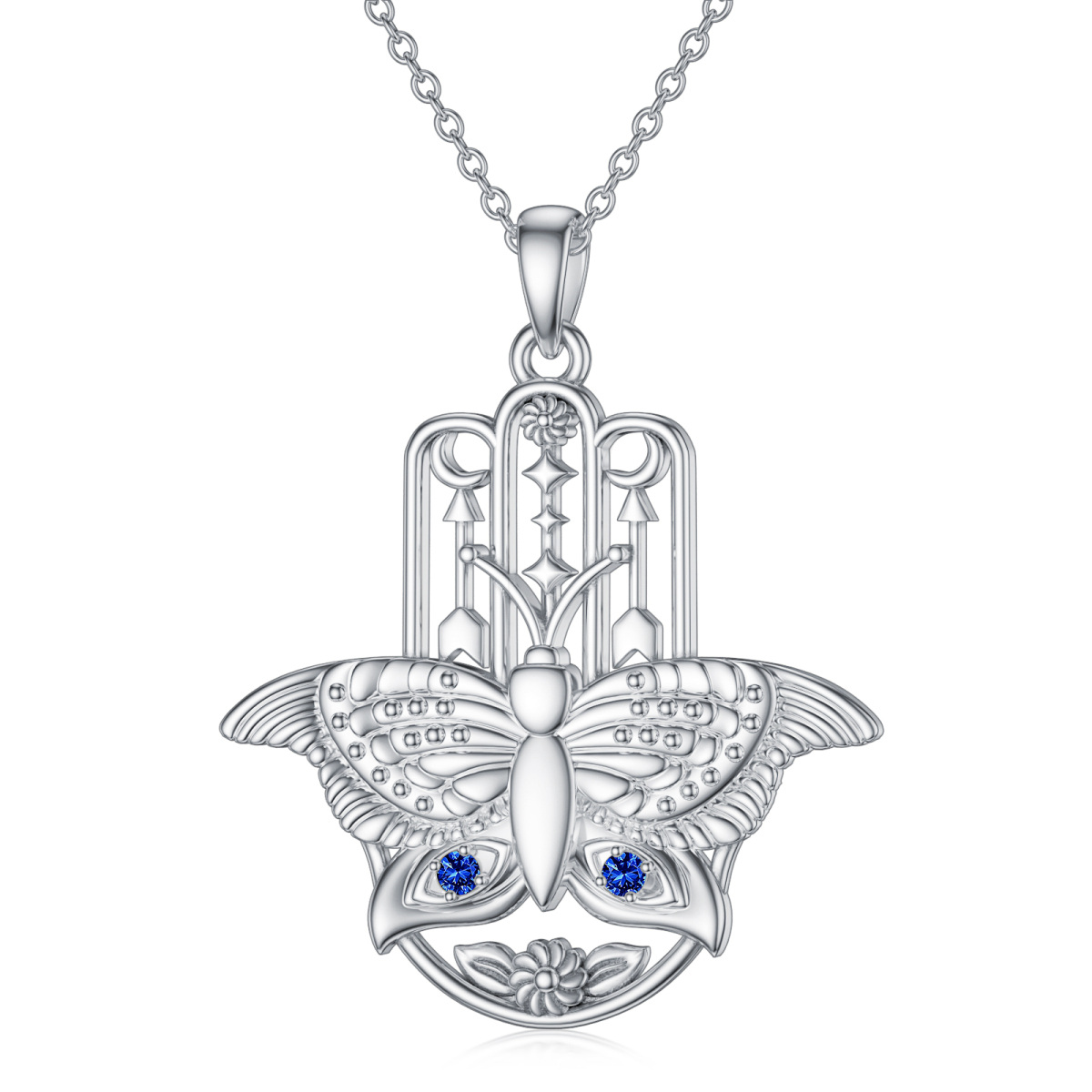 Sterling Silber kreisförmig Cubic Zirkonia Schmetterling & Hamsa Hand Anhänger Halskette-1