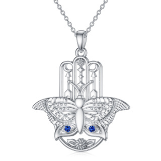 Sterling Silver Circular Shaped Cubic Zirconia Butterfly & Hamsa Hand Pendant Necklace-3