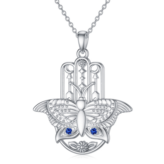 Sterling Silber kreisförmig Cubic Zirkonia Schmetterling & Hamsa Hand Anhänger Halskette