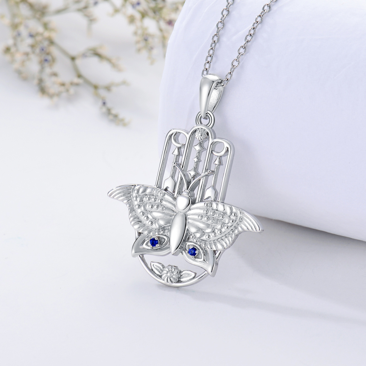 Sterling Silber kreisförmig Cubic Zirkonia Schmetterling & Hamsa Hand Anhänger Halskette-3