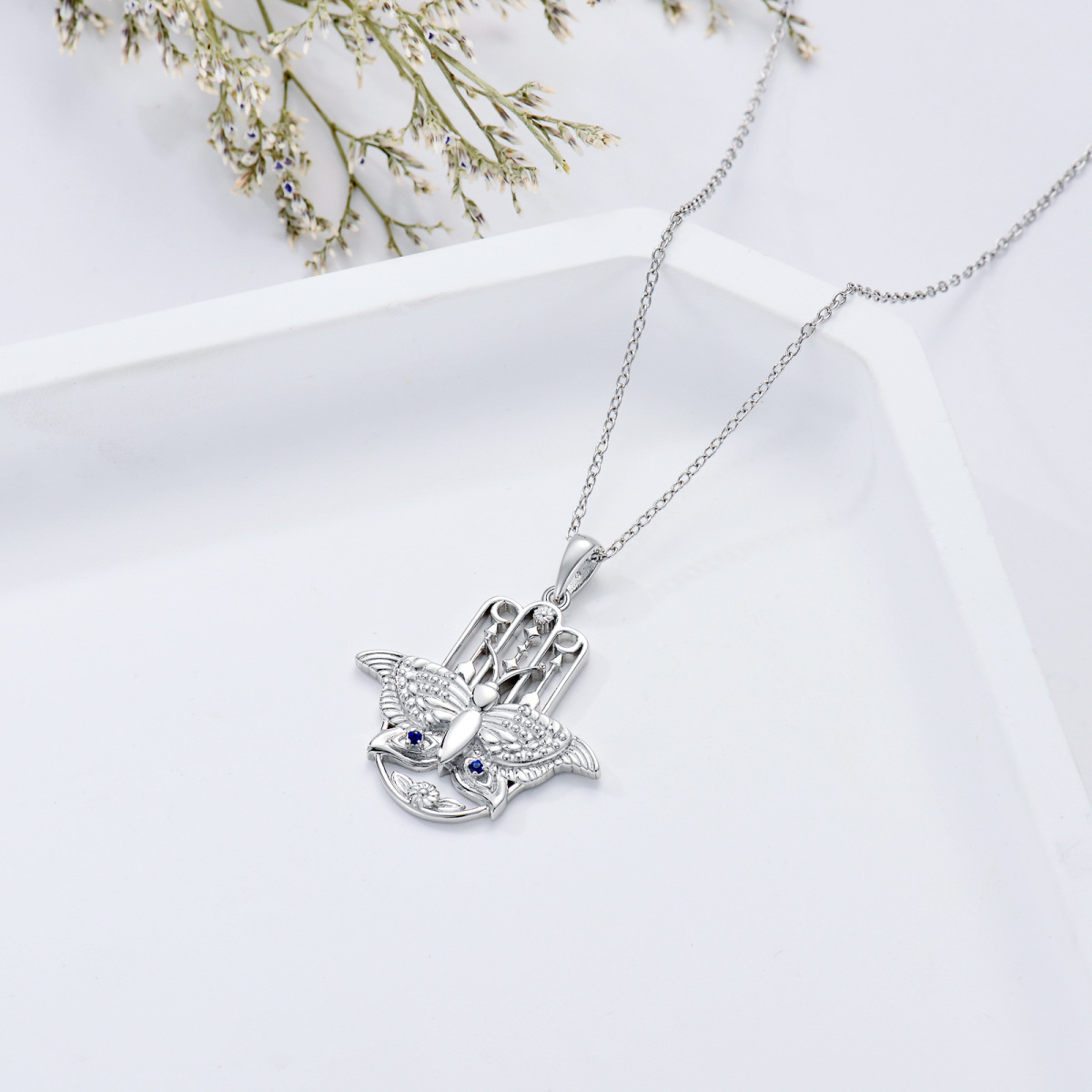 Sterling Silber kreisförmig Cubic Zirkonia Schmetterling & Hamsa Hand Anhänger Halskette-4