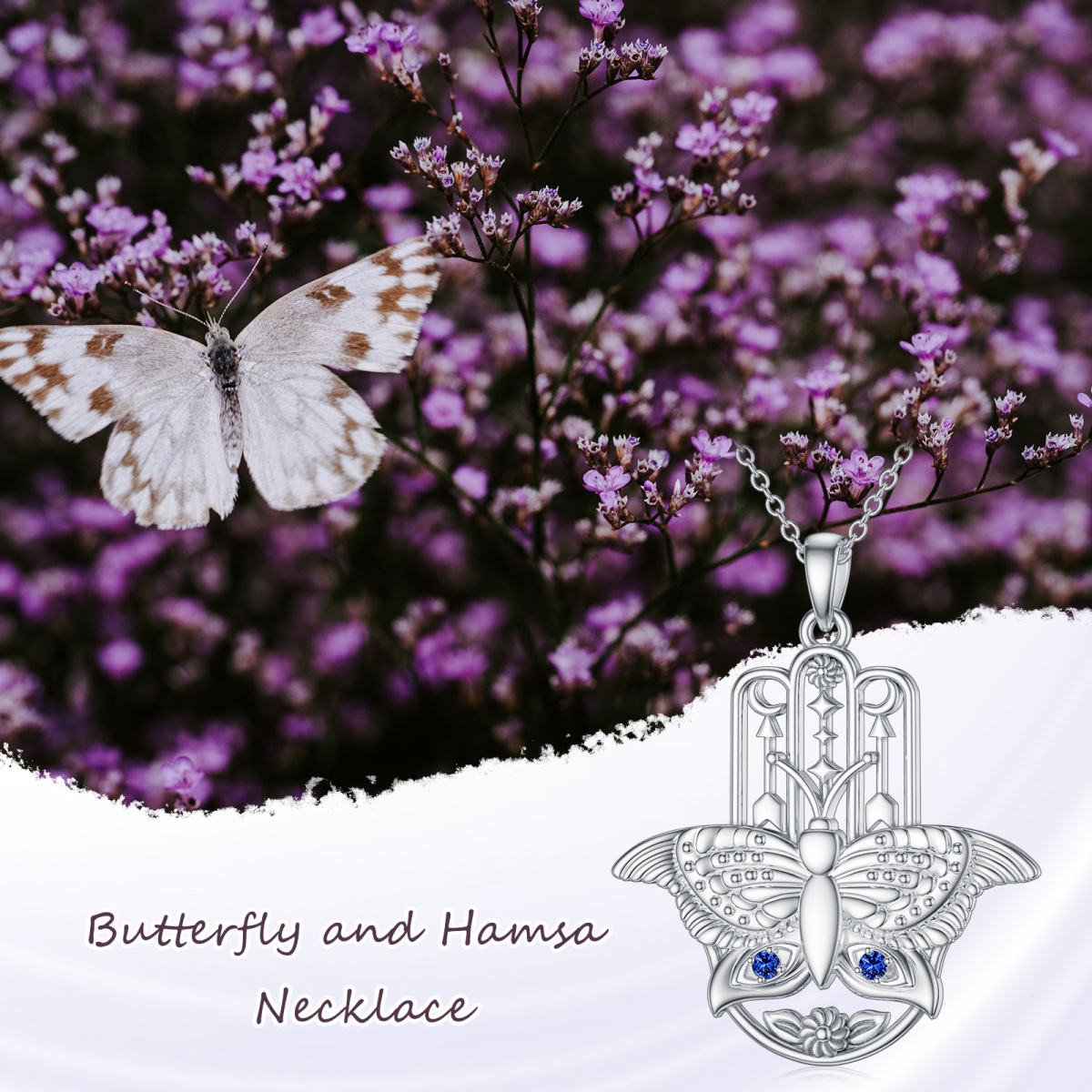 Sterling Silver Circular Shaped Cubic Zirconia Butterfly & Hamsa Hand Pendant Necklace-5