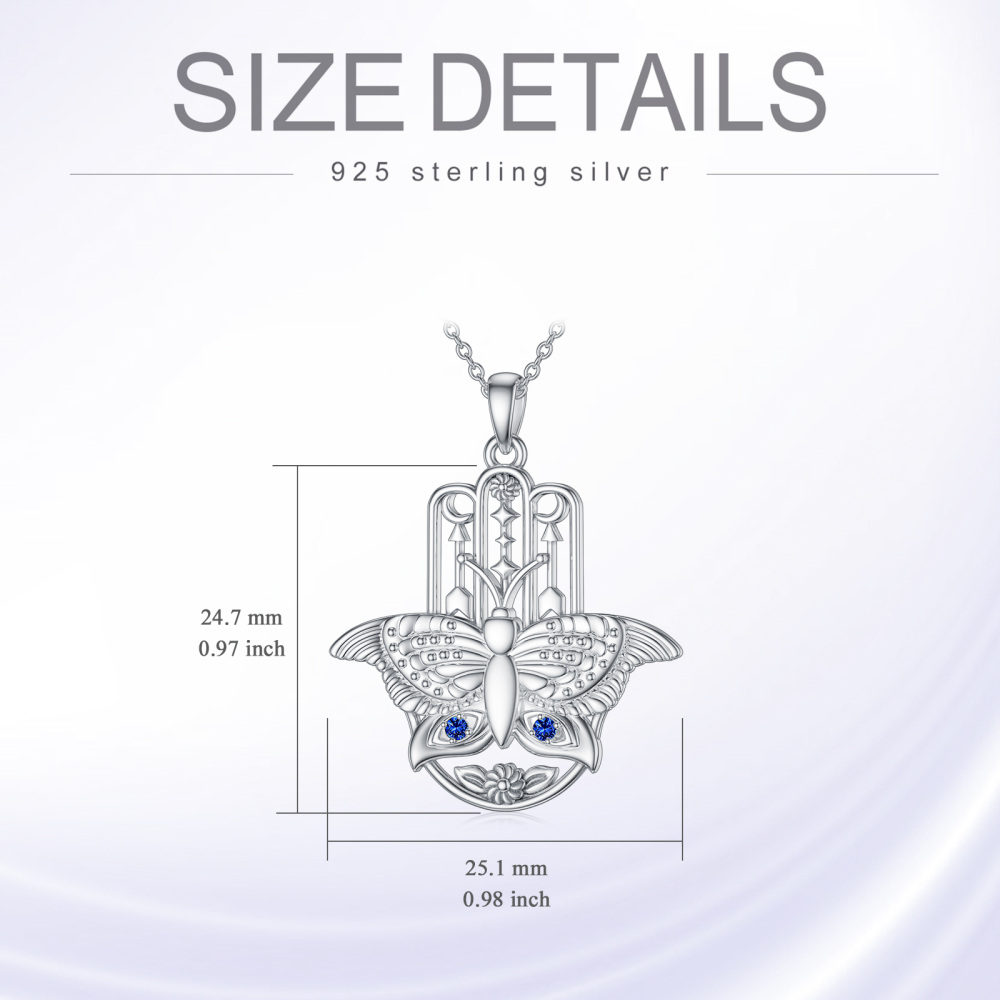 Sterling Silver Circular Shaped Cubic Zirconia Butterfly & Hamsa Hand Pendant Necklace-6