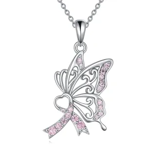 Sterling Silver Circular Cubic Zirconia Butterfly & Heart With Ribbon Pendant Necklace For Women Best Friends-1