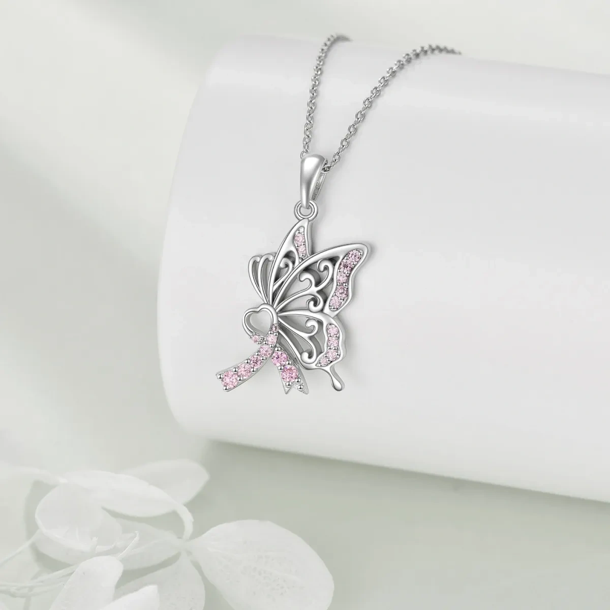 Sterling Silver Circular Cubic Zirconia Butterfly & Heart With Ribbon Pendant Necklace For Women Best Friends-3