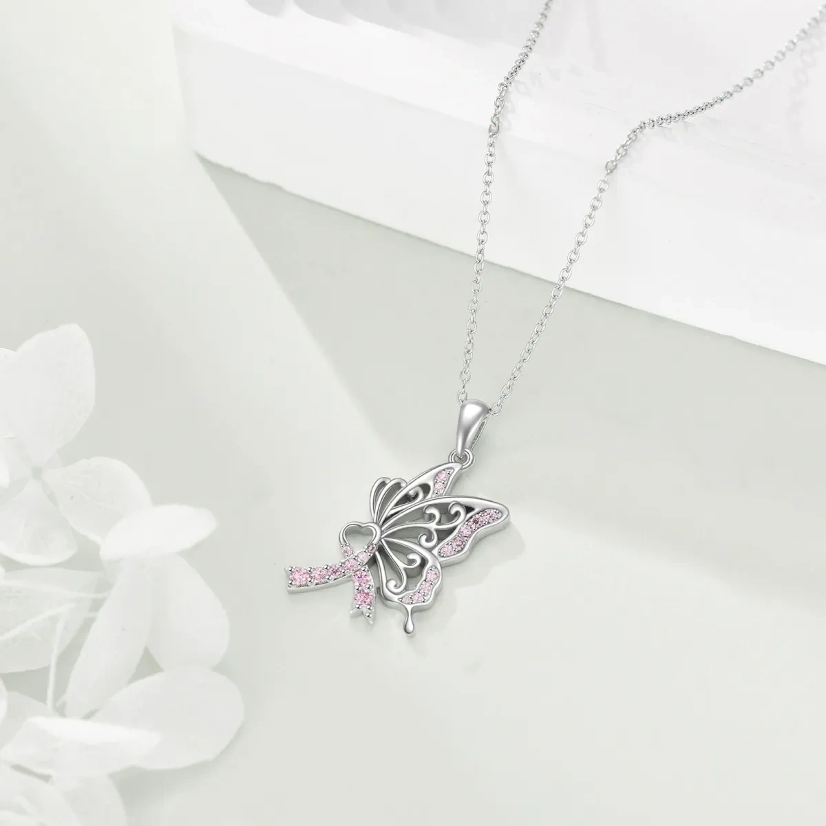 Sterling Silver Circular Cubic Zirconia Butterfly & Heart With Ribbon Pendant Necklace For Women Best Friends-4