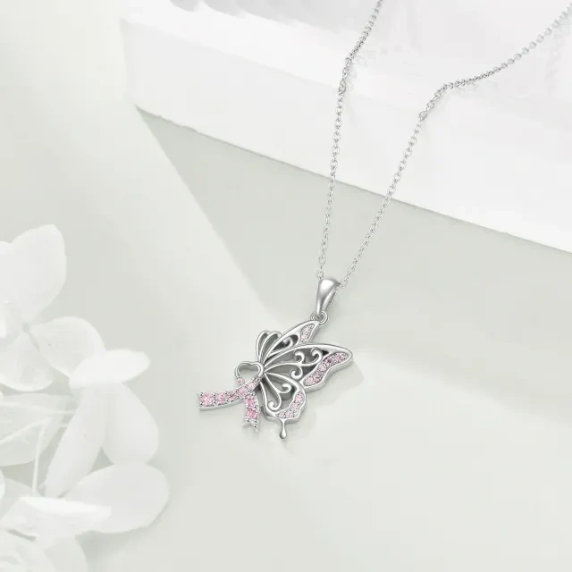 Sterling Silver Circular Shaped Cubic Zirconia Butterfly & Heart & Ribbon Pendant Necklace-4