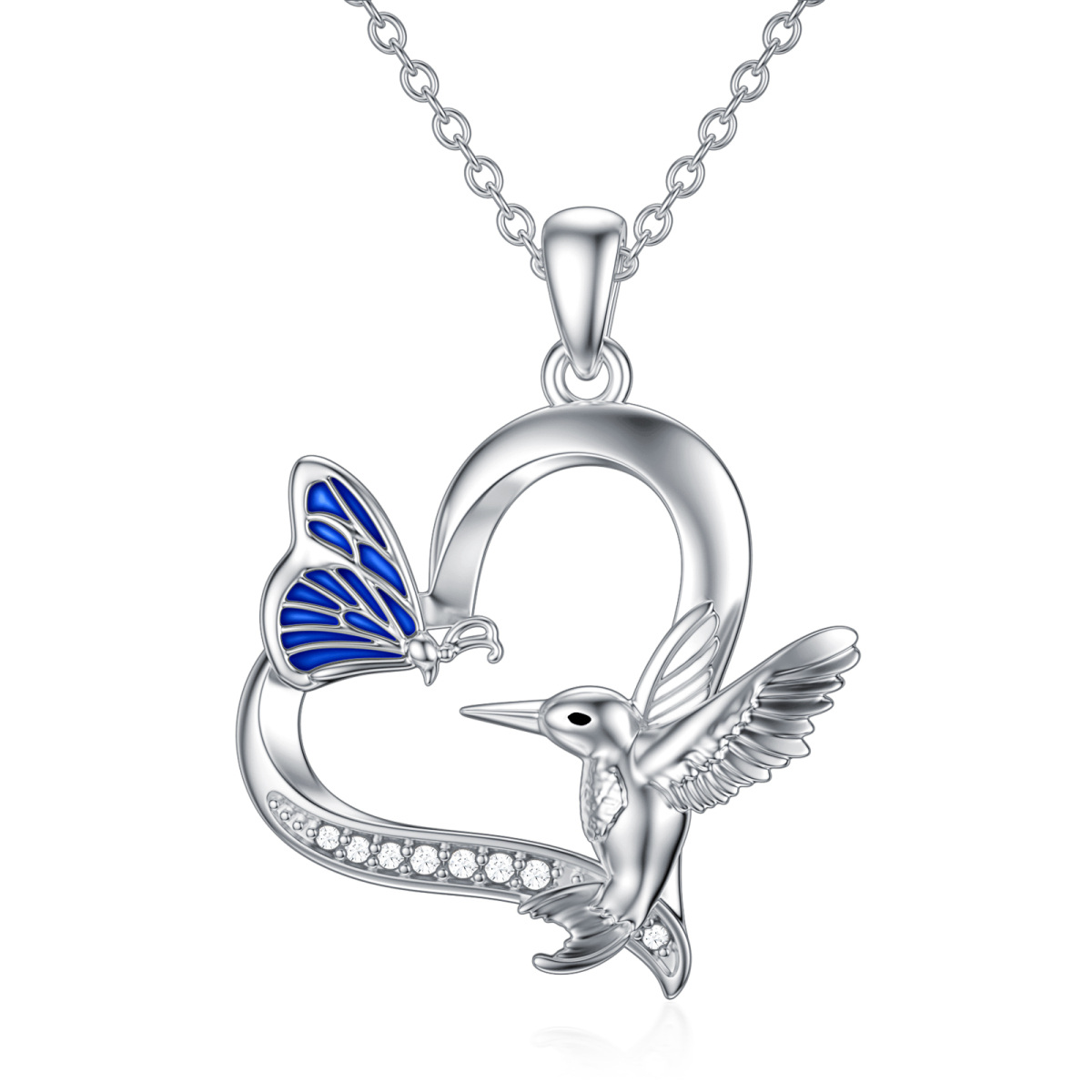 Sterling Silver Butterfly With Heart-Detailed Hummingbird Cubic Zirconia Pendant Necklace For Women-1