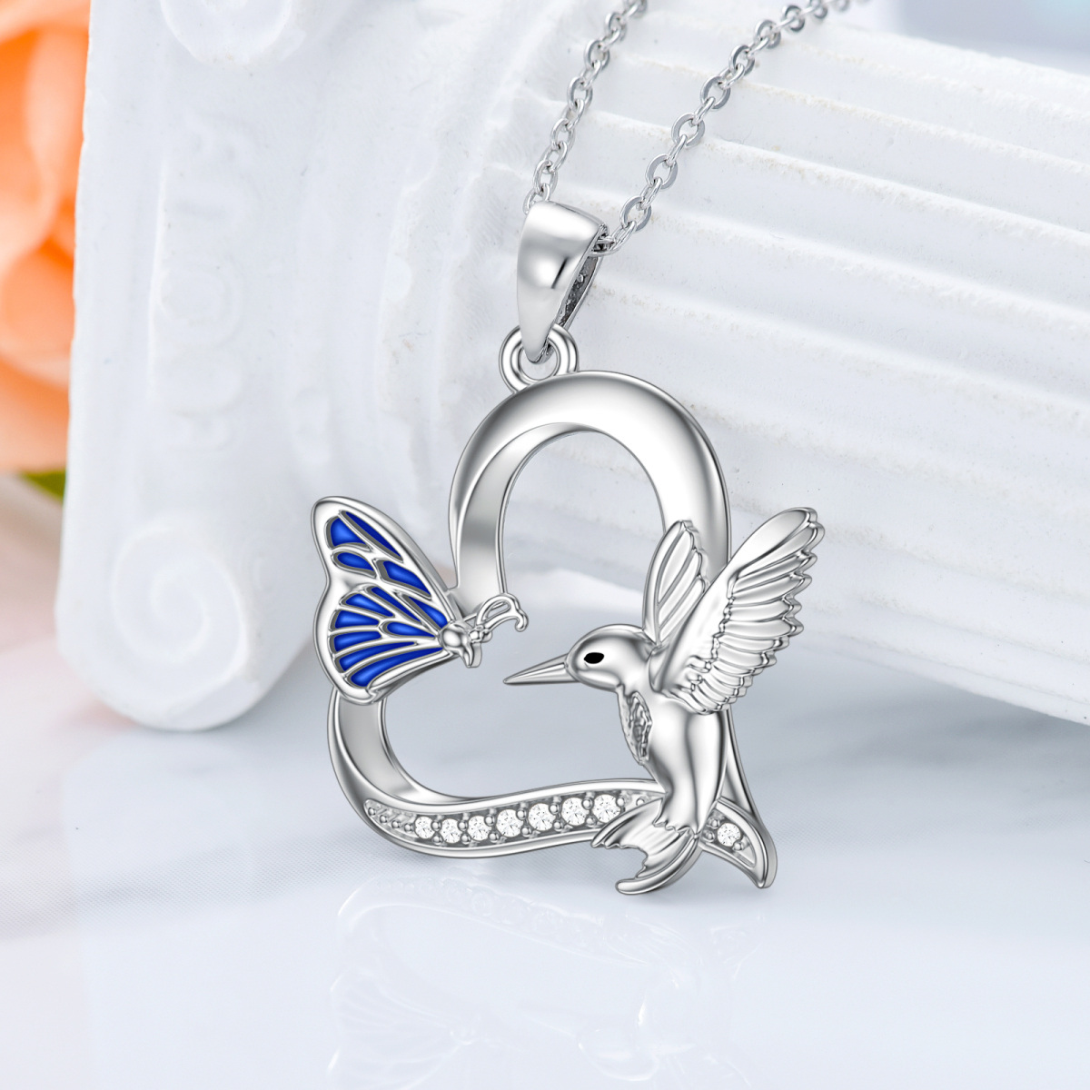 Sterling Silver Butterfly With Heart-Detailed Hummingbird Cubic Zirconia Pendant Necklace For Women-3