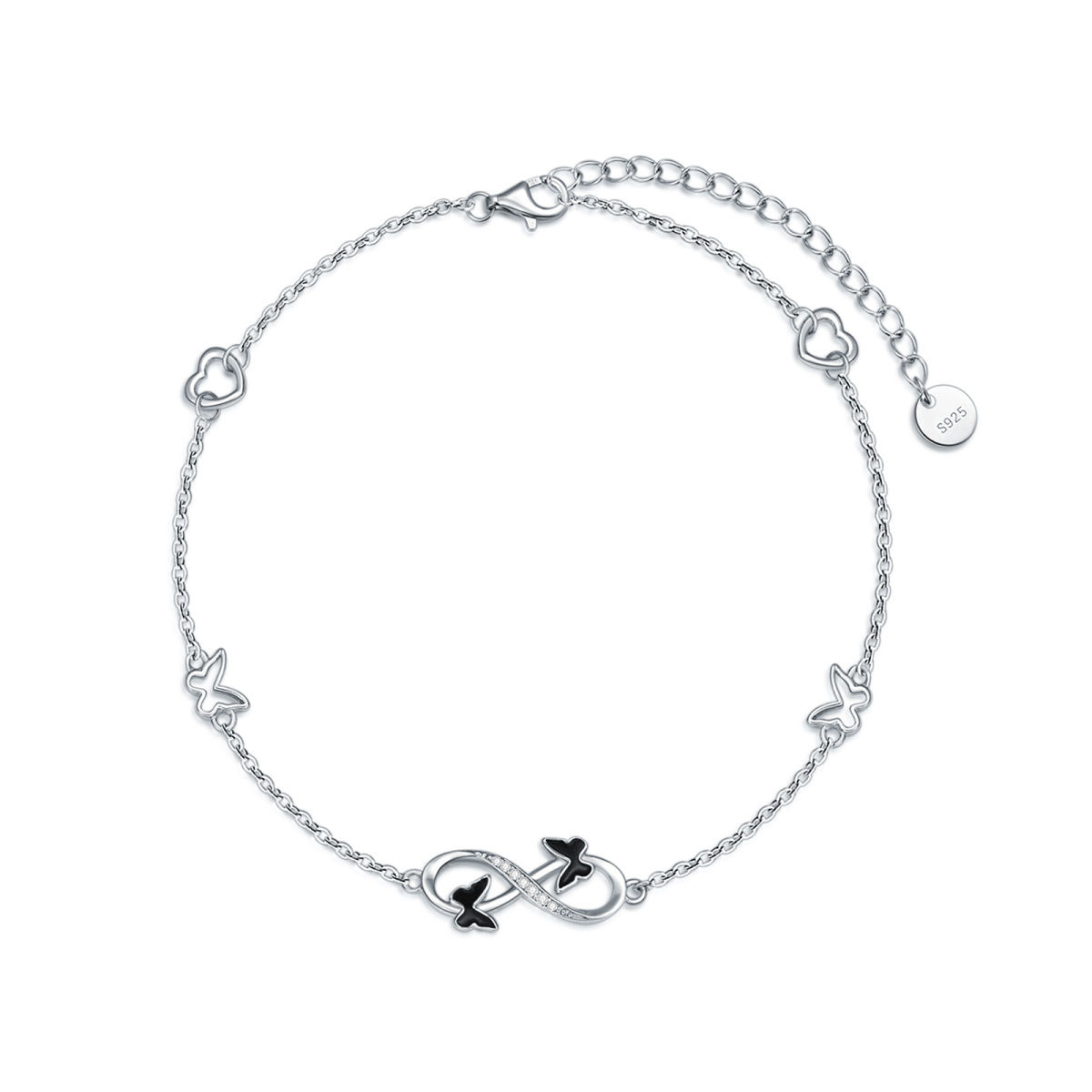 Sterling Silver Circular Shaped Cubic Zirconia Butterfly & Infinity Symbol Single Layer Anklet-2