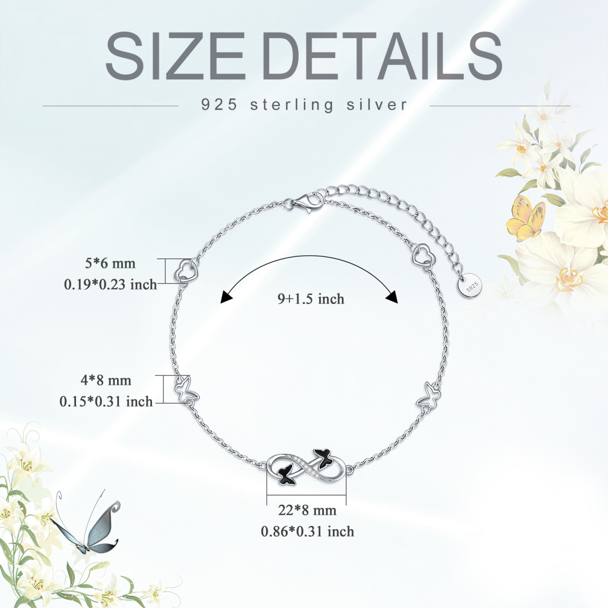 Sterling Silver Circular Shaped Cubic Zirconia Butterfly & Infinity Symbol Single Layer Anklet-5