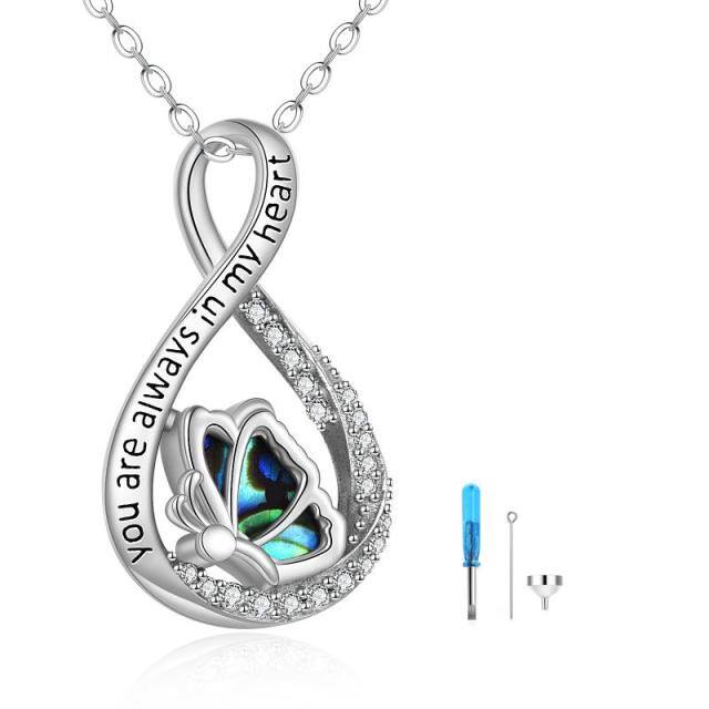 Sterling Silver Circular Shaped Cubic Zirconia Butterfly & Infinity Symbol Urn Necklace for Ashes with Engraved Word-5