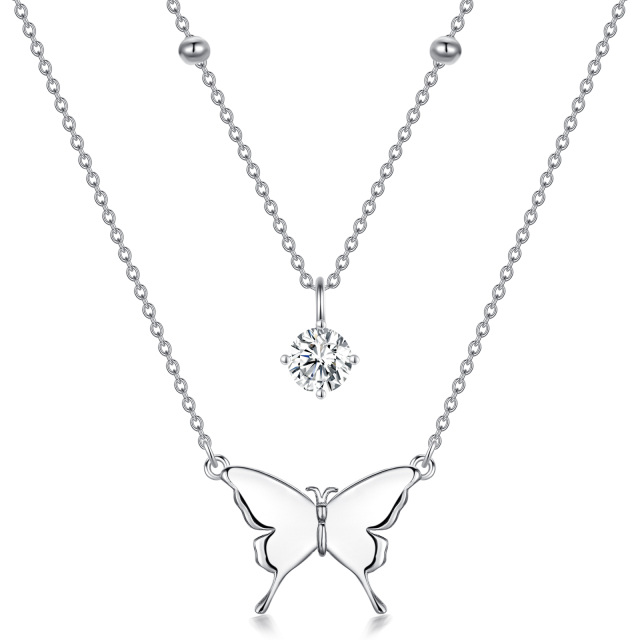 Sterling Silver Circular Shaped Cubic Zirconia Butterfly Layered Necklace-1