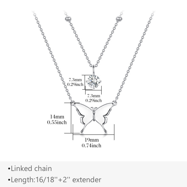 Colar de prata esterlina com camadas de zircónias cúbicas em forma circular e borboleta-5